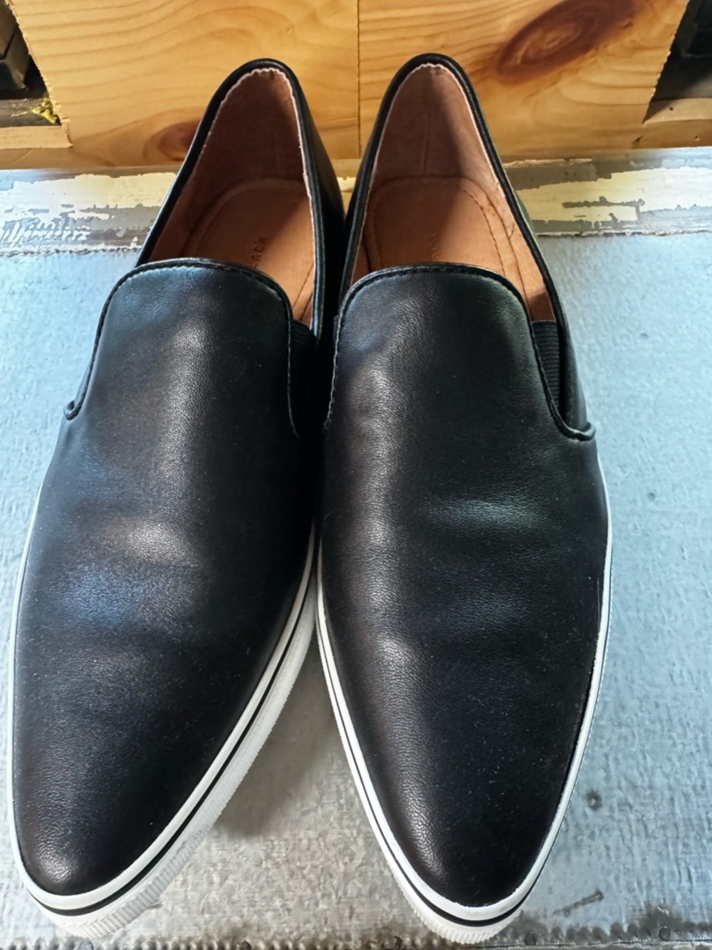 Women's Black Slip-On Leather Flats with White Sole